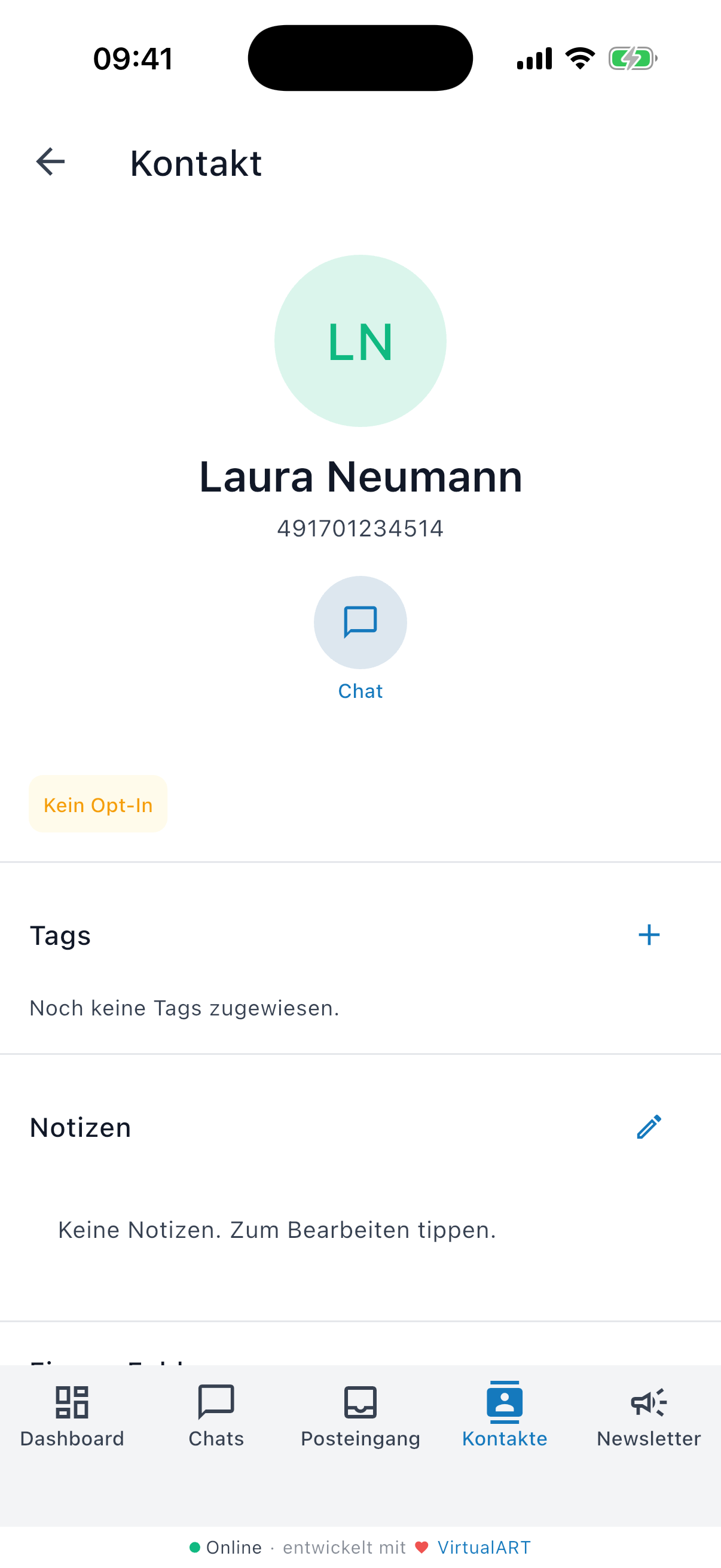 instantKOM Mobile App Kontaktdetails mit Messenger-Verlauf